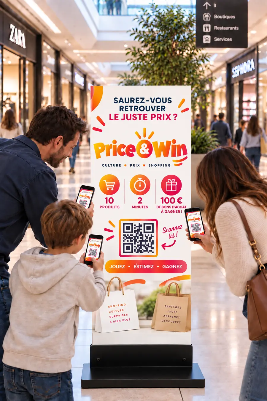 Mise en situation du jeu Price and Win dans une galerie commerciale