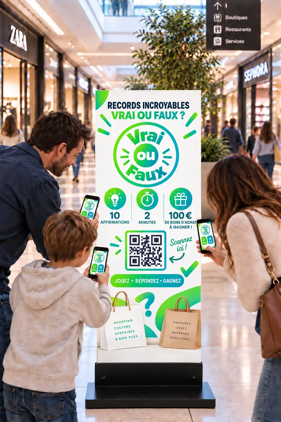 Mise en situation du jeu Vrai ou Faux dans une galerie commerciale